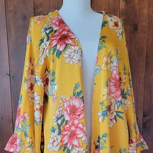 Umgee Women M Kimono Mustard Floral Boho Tie Oversize Hippie Cottagecore Posh